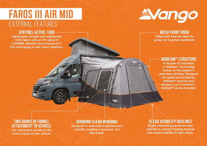 Vango Faros III Air Mid motorhome awning with AirBeam structure, mesh front door, and diamond clear windows for camping adventures