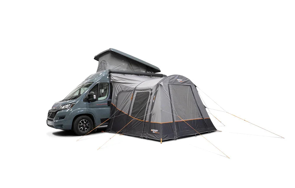 Motorhome awning attached to campervan for outdoor camping adventures