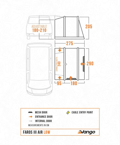 Vango Faros III Air Low awning dimensions with mesh and entrance doors, cable entry point, and adjustable width