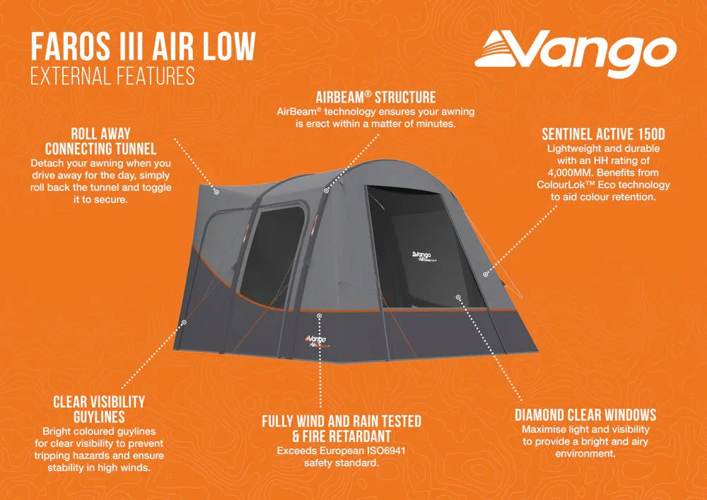 Vango Faros III Air Low awning with AirBeam structure, roll-away tunnel, and diamond clear windows for camping