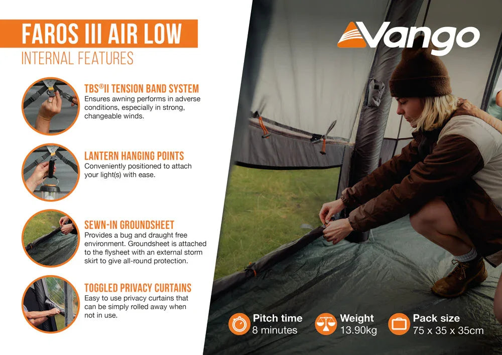 Vango Faros III Air Low tent features: TBS tension band, lantern hooks, sewn-in groundsheet, privacy curtains