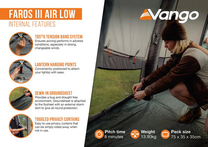 Vango Faros III Air Low tent features: TBS tension band, lantern hooks, sewn-in groundsheet, privacy curtains