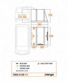 Vango Faros III Air Mid awning dimensions diagram with mesh door, entrance, and cable entry point measurements