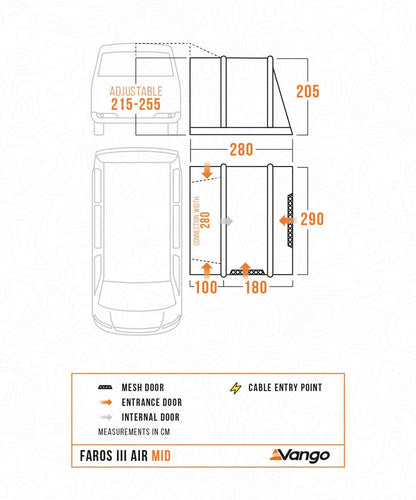 Vango Faros III Air Mid awning dimensions diagram with mesh door, entrance, and cable entry point measurements