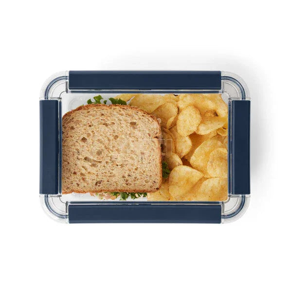 Clear lunchbox with sandwich and chips, ideal for camping or outdoor adventures
