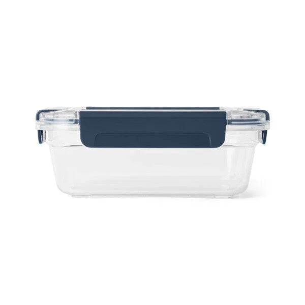 Clear plastic food container with navy blue locking lid for camping and outdoor cooking storage