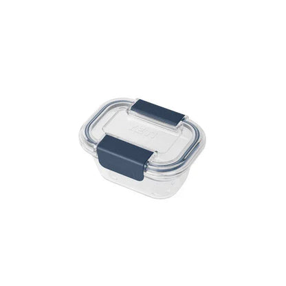 Clear plastic food container with blue locking lids for camping and outdoor meals