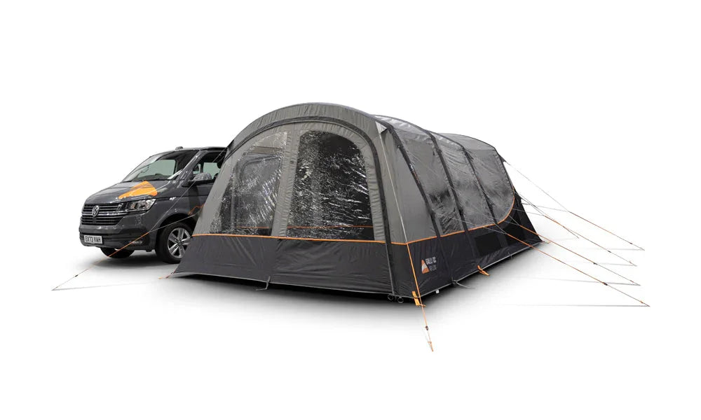 Camping tent attached to a van on a white background