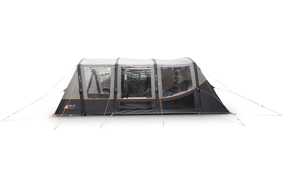 Black camping tent with mesh windows on a white background