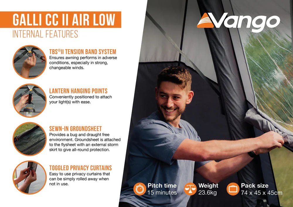 Vango GALLI CC II AIR LOW tent with features listed on the left and a person using the tent on the right.