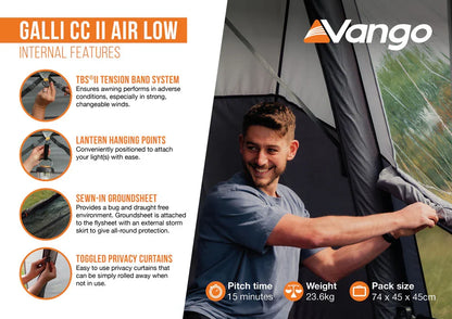 Vango GALLI CC II AIR LOW tent with features listed on the left and a person using the tent on the right.