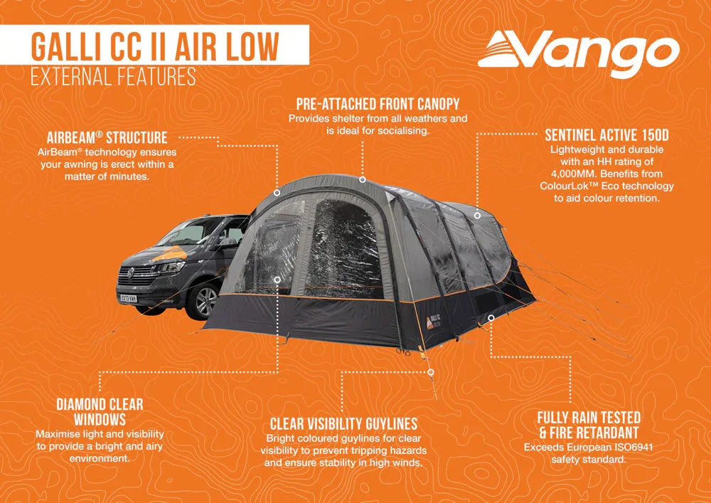 Vango GALLI CC II AIR LOW tent with features highlighted on an orange background