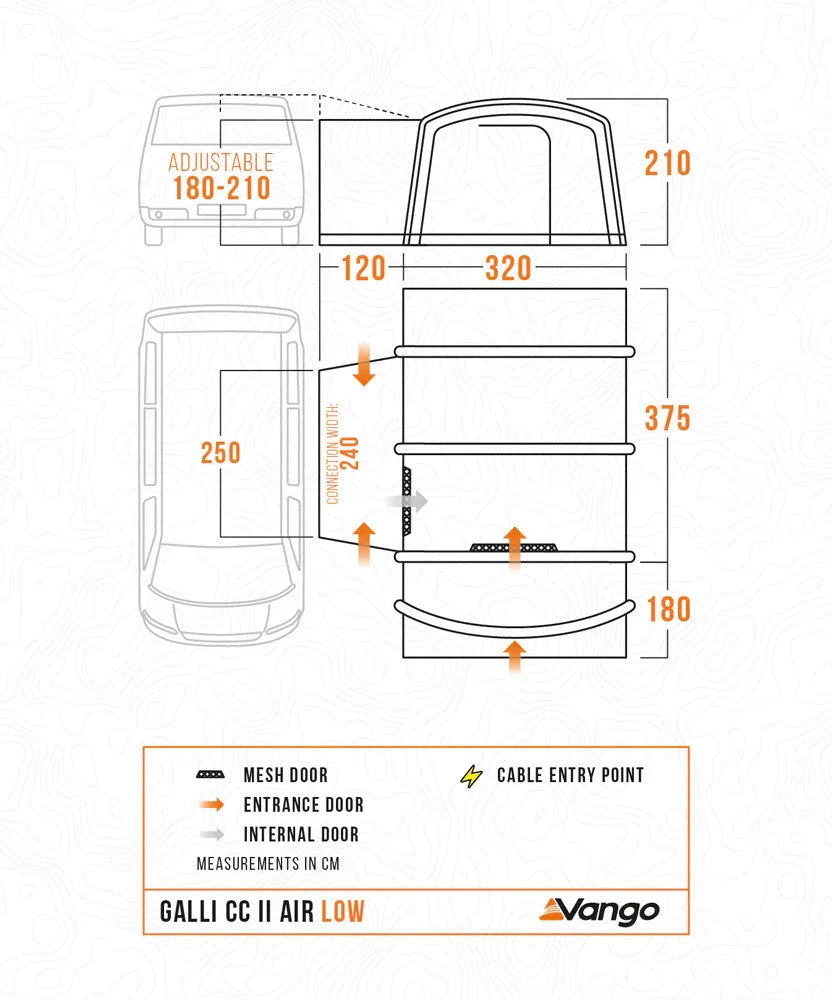 A technical dimension diagram for a Vango Galli CC II Air Low vehicle, showing front and side profile measurements in centimeters with orange labels and arrows on a white background.