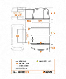 A technical dimension diagram for a Vango Galli CC II Air Low vehicle, showing front and side profile measurements in centimeters with orange labels and arrows on a white background.
