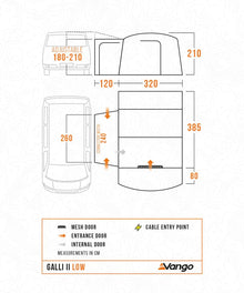 Vango Galli II Low awning dimensions diagram with mesh door, entrance, and cable entry point for caravans