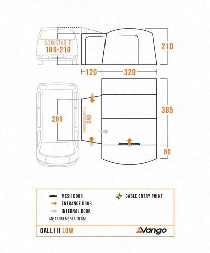 Vango Galli II Low awning dimensions diagram with mesh door, entrance, and cable entry point for caravans