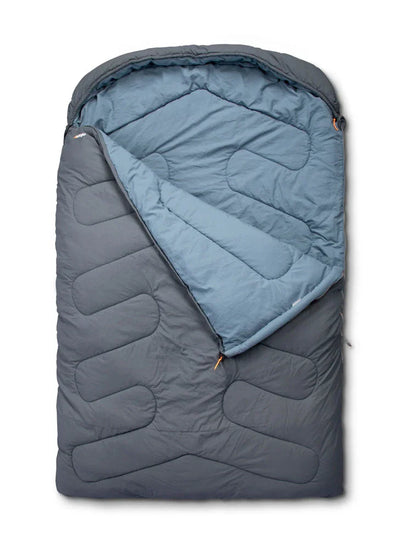 Gray and blue camping sleeping bag with quilted design for outdoor adventures