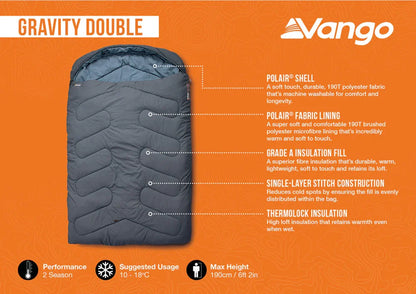 Vango Gravity Double sleeping bag with Polair shell, Grade A insulation, and Thermolock tech for 2-season camping comfort