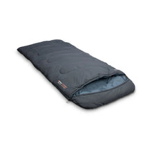 Dark gray camping sleeping bag with quilted design and zippered opening, ideal for outdoor adventures