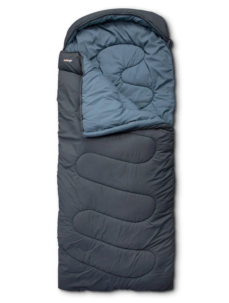 Dark gray and blue Vango sleeping bag for camping and outdoor adventures, featuring quilted design and hood.