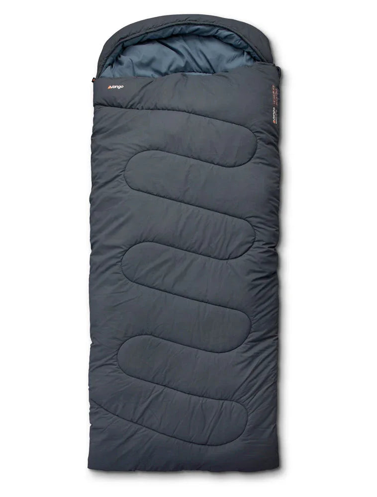 Dark gray Marmot sleeping bag with quilted design, ideal for camping and outdoor adventures.