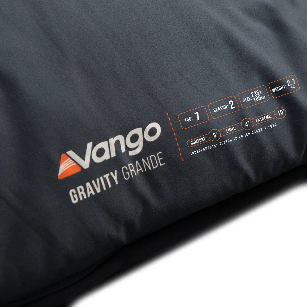 Vango Gravity Grande sleeping bag with temperature ratings and specs for camping adventures