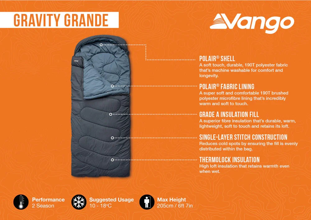 Vango Gravity Grande sleeping bag with Polair shell, Grade A insulation, and Thermolock tech for 2-season camping