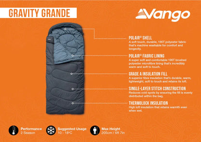 Vango Gravity Grande sleeping bag with Polair shell, Grade A insulation, and Thermolock tech for 2-season camping