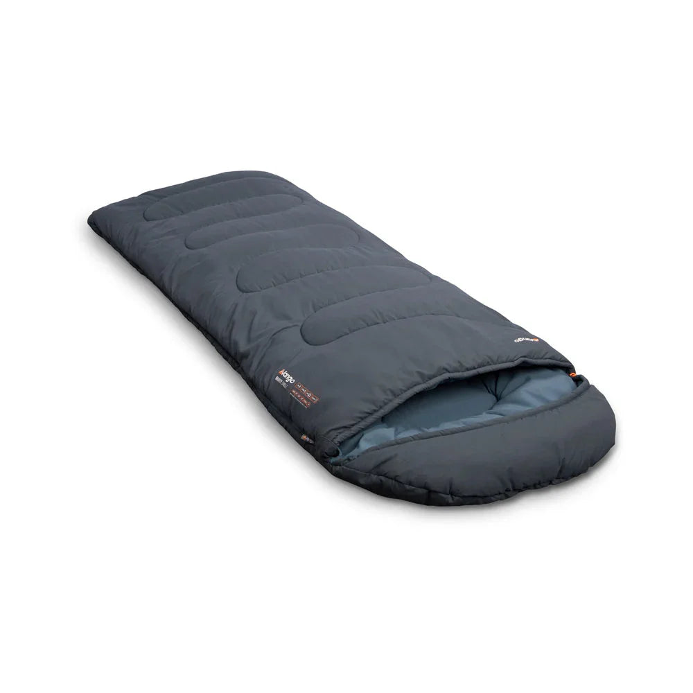Dark gray camping sleeping bag with quilted design, ideal for outdoor adventures and camping trips.