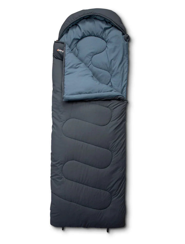 Dark gray camping sleeping bag with blue interior, ideal for outdoor adventures and camping trips.