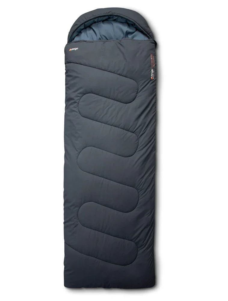 Dark gray camping sleeping bag with quilted design and hood for outdoor adventures