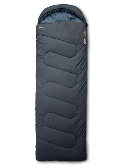 Dark gray camping sleeping bag with quilted design and hood for outdoor adventures