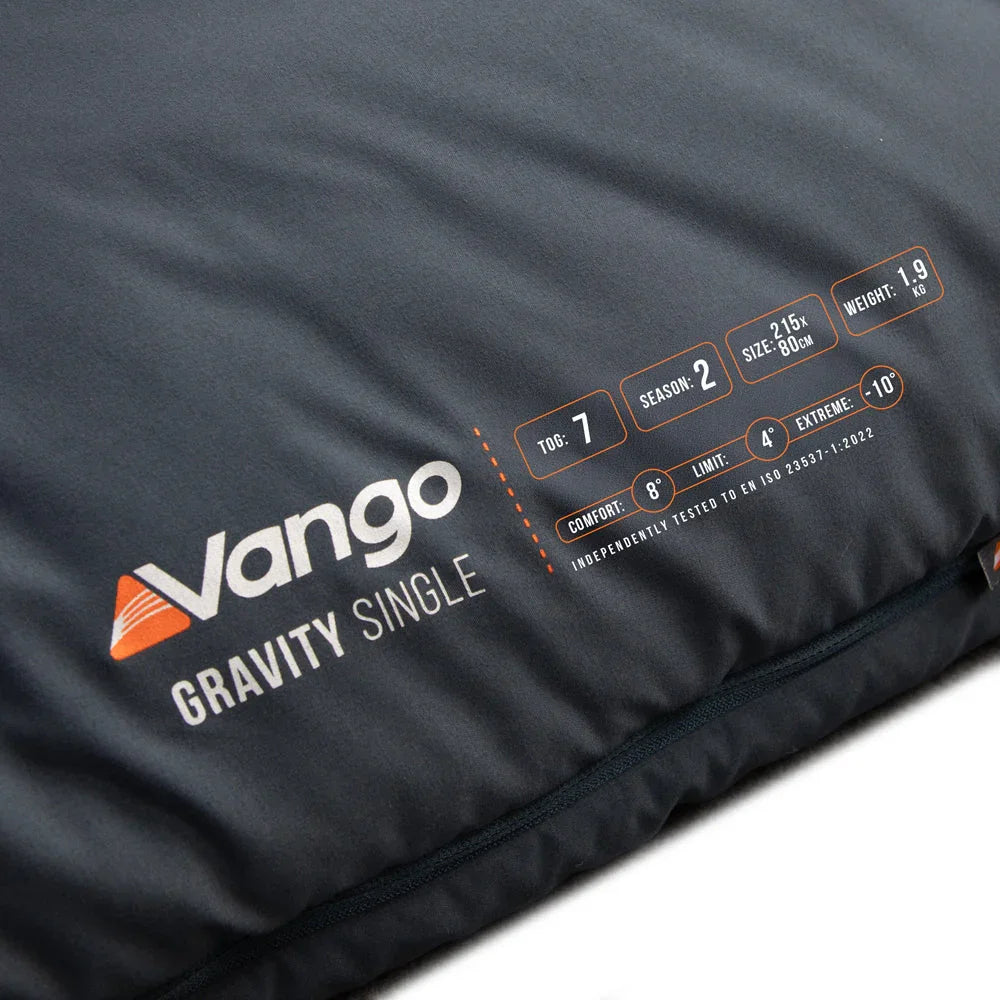 Vango Gravity Single sleeping bag with Tog 7, 2-season rating, 1.9kg weight, ideal for camping and outdoor adventures.
