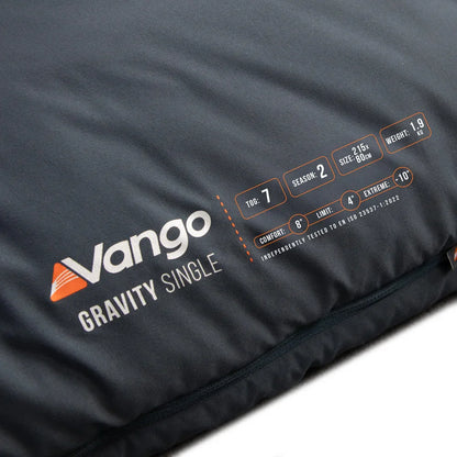 Vango Gravity Single sleeping bag with Tog 7, 2-season rating, 1.9kg weight, ideal for camping and outdoor adventures.