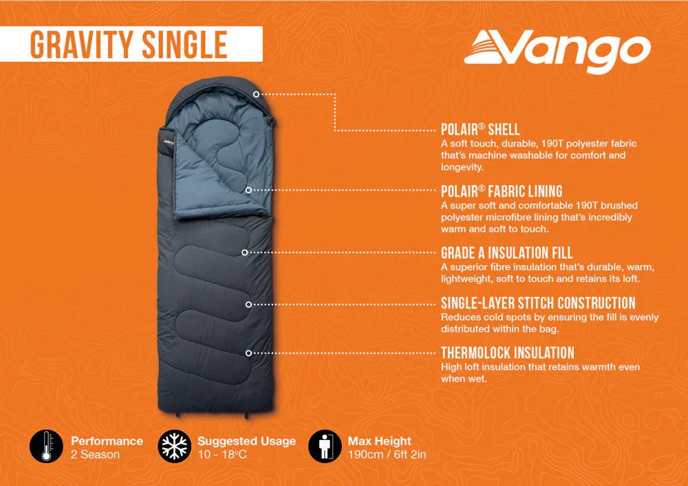 Vango Gravity Single sleeping bag with Polair shell, Grade A insulation, and thermolock for 2-season camping comfort