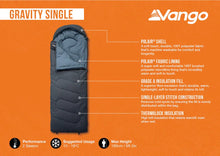 Vango Gravity Single sleeping bag with Polair shell, Grade A insulation, and thermolock for 2-season camping comfort