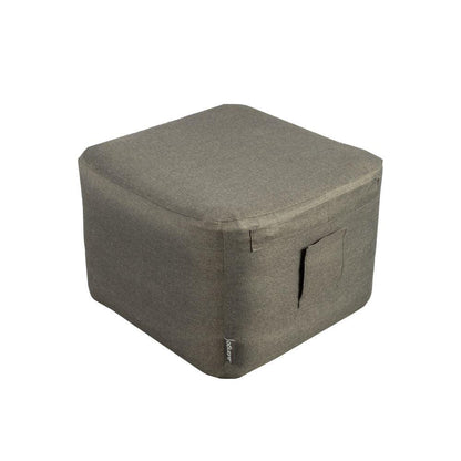 Grey portable camping ottoman with side pocket, ideal for outdoor adventures and motorhome use