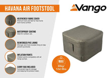 Vango Havana Air Footstool with heathered fabric, waterproof coating, and carry bag for camping comfort