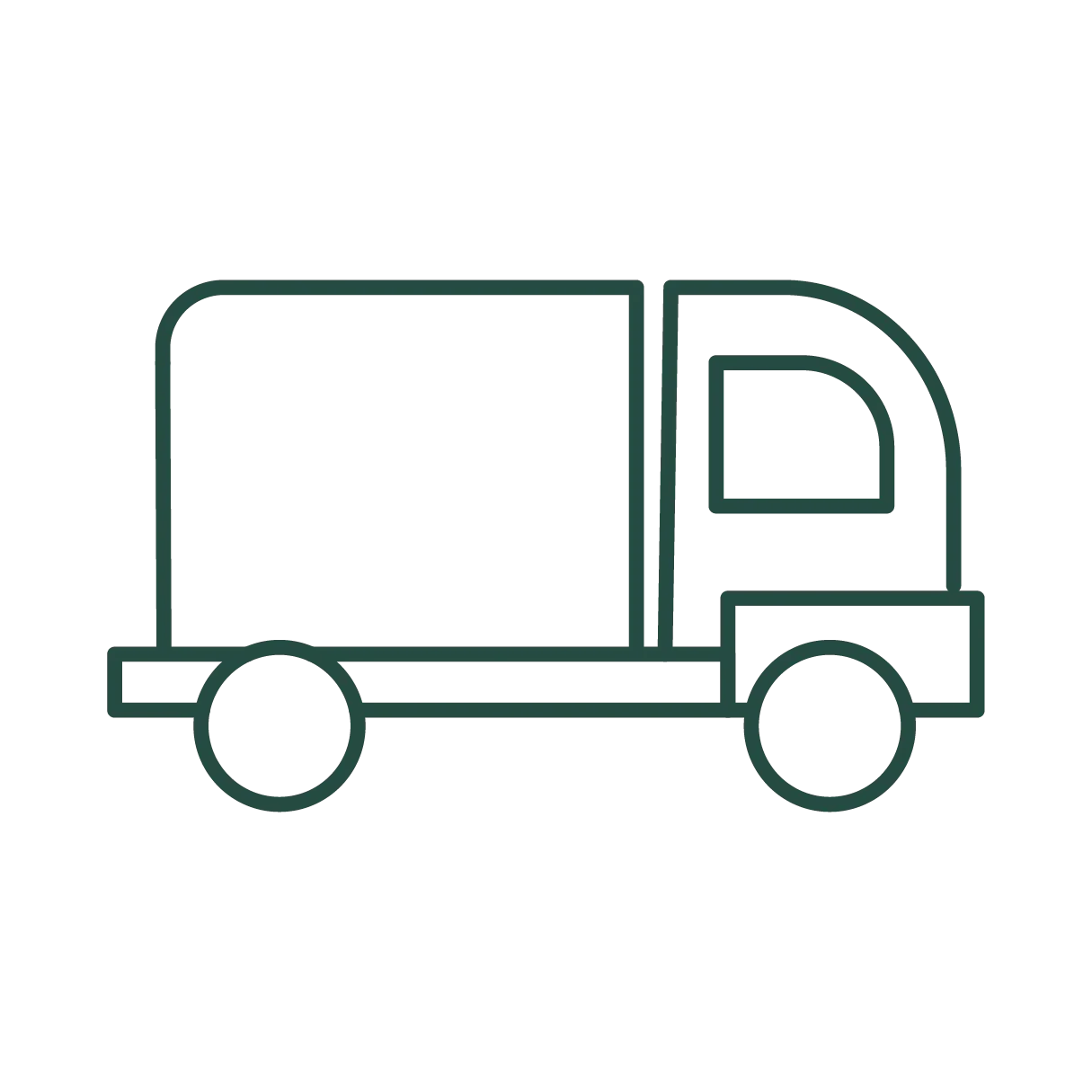 A simple dark green outline icon of a box truck on a plain white background.