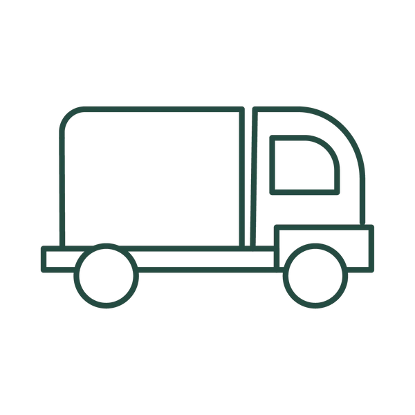 A simple dark green outline icon of a box truck on a plain white background.