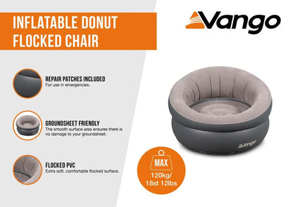 Vango inflatable donut flocked chair for camping, 120kg capacity, groundsheet friendly, repair patches included