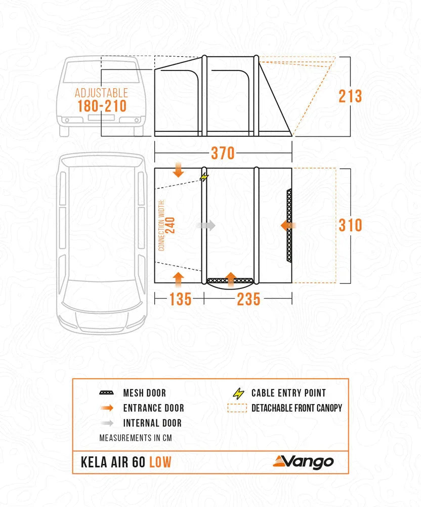 Vango Kela Air 60 Low awning dimensions diagram with mesh door, cable entry, and detachable canopy