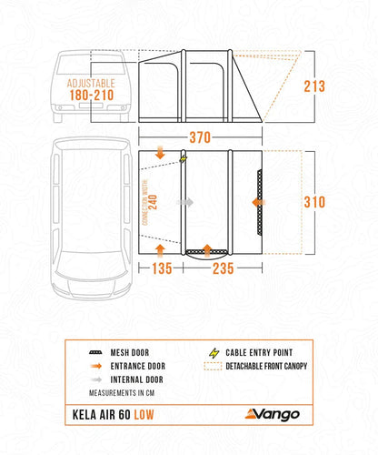 Vango Kela Air 60 Low awning dimensions diagram with mesh door, cable entry, and detachable canopy