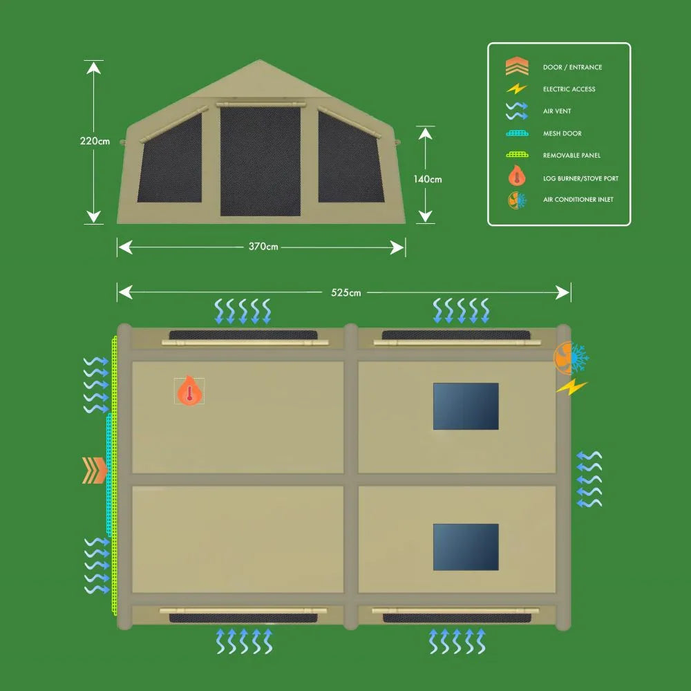 Caravan awning diagram with dimensions, features like electric access, air vents, and mesh doors for outdoor camping.