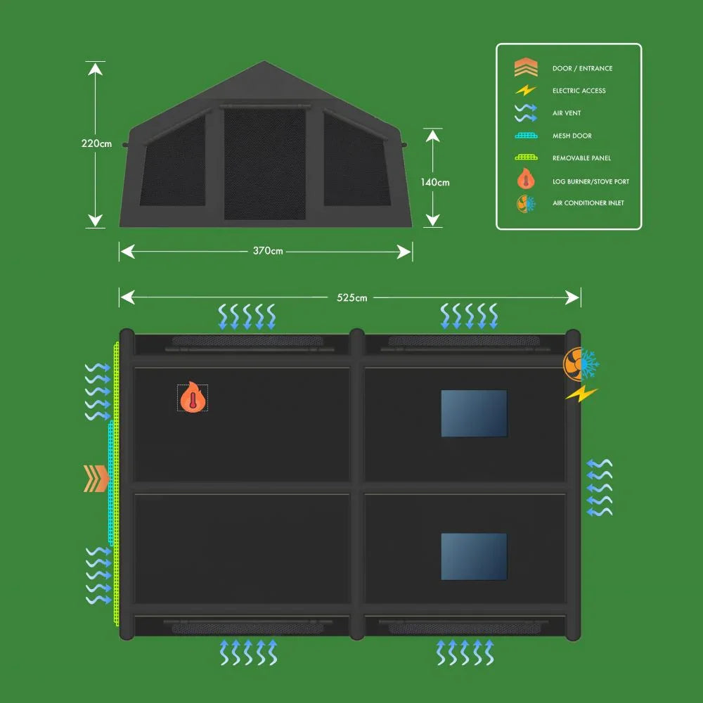 Camping tent with dimensions and features like air vents, mesh doors, and stove port for outdoor adventures.