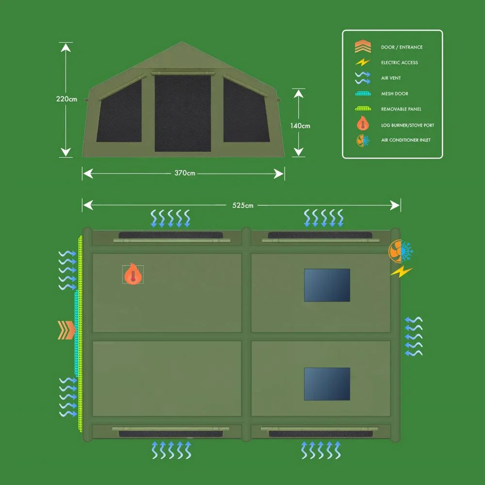 Caravan awning diagram with dimensions, electric access, air vents, and log burner port for camping gear.