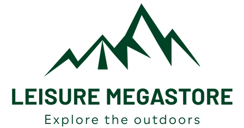 Logo of Leisure Megastore with green mountains and text on a white background