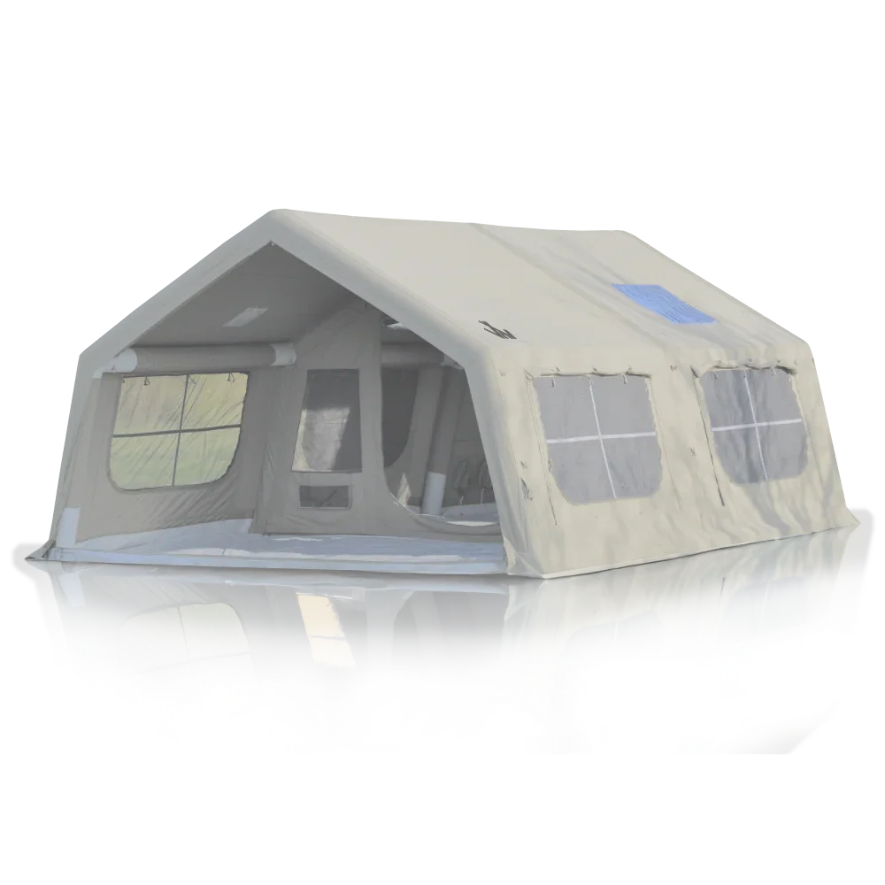 Large beige camping tent with multiple windows and entrance for outdoor adventures
