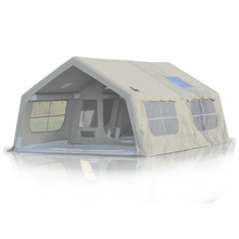 Large beige camping tent with multiple windows and entrance for outdoor adventures