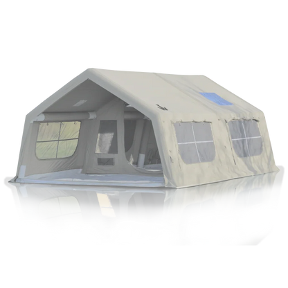 Large beige camping tent with multiple windows and entrance for outdoor adventures